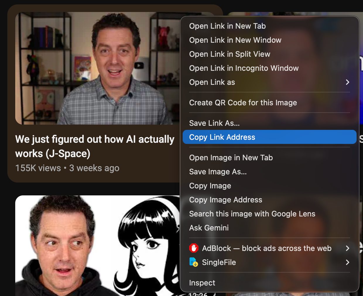 A YouTube context menu with Copy Link Address highlighted over a video thumbnail