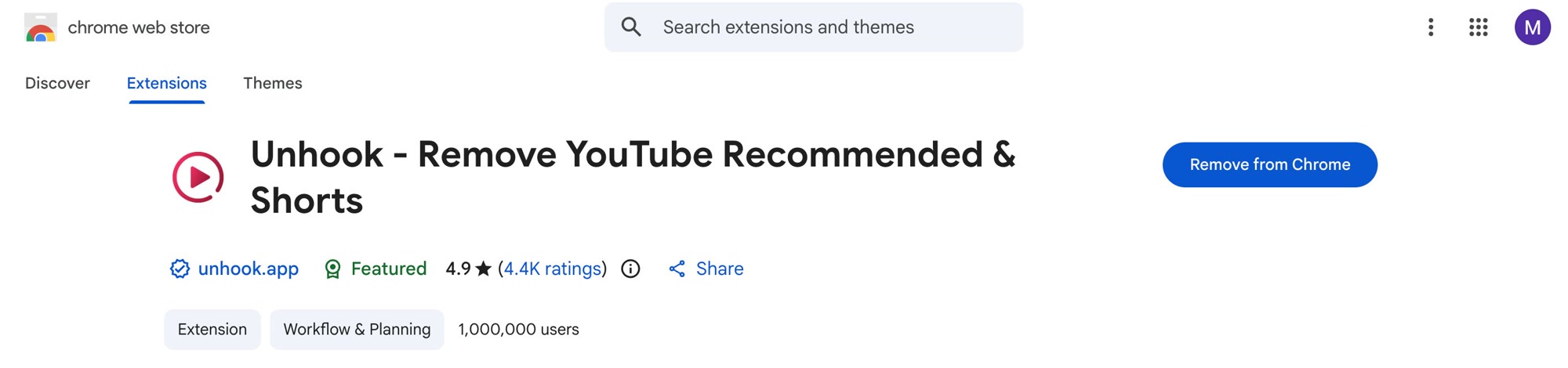 Unhook in the Chrome Web Store