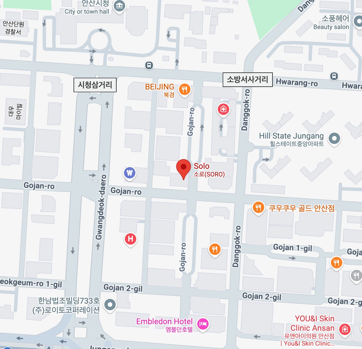 SORO marked on a Google Maps view of central Ansan